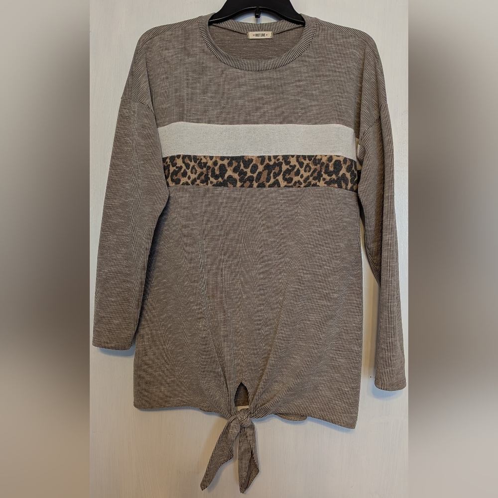 Women's Boutique Brown and Leopard Print Long Sleeve Tunic Top
